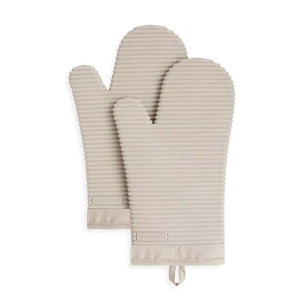 "KitchenAid Ribbed Soft Silicone Oven Mitt Set - 2 Count, 7"x13", Milkshake Color for Ultimate Heat Protection"