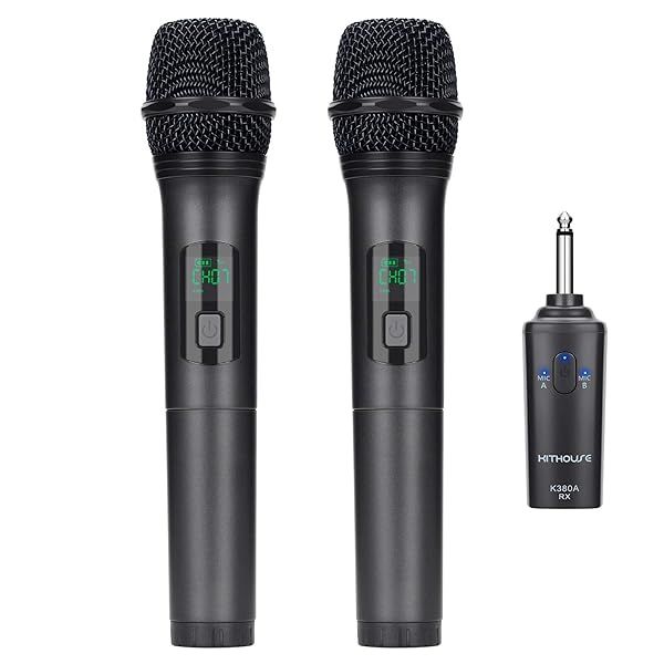 Kithouse K380A Wireless Microphone Karaoke System Dual Rechargeable Bluetooth Receiver UHF Handheld Mic for Singing Speech Church Elegant Black