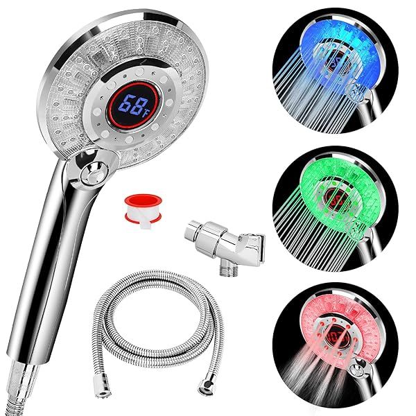 LED Shower Head Color Changing Handheld High Pressure Water Saving Spray with Temperature Display 3 Modes Easy Install Chrome