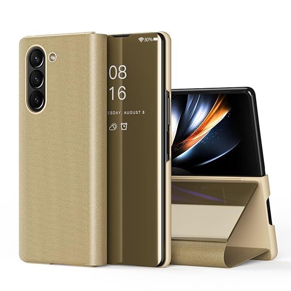 LEMAXELERS Slim Mirror Design Case for Galaxy Z Fold 5 5G Clear View Flip Bookstyle Ultra Slim Protective Shell with Kickstand