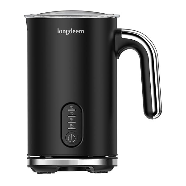LONGDEEM 4 in 1 Electric Milk Frother for Latte and Cappuccino Automatic Foam Maker Stainless Steel 10 oz Non Stick Coating Black