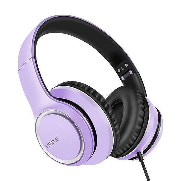 LORELEI X8 Over-Ear Wired Headphones: Lightweight, Foldable, Tangle-Free with Microphone for Smartphones & Tablets (Dark Purple)