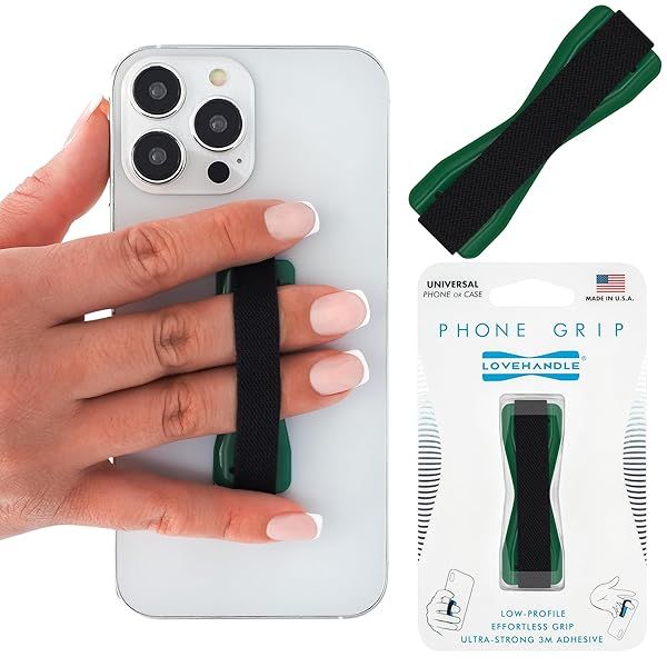 LOVEHANDLE Universal Grip for Smartphones & Mini Tablets - Green Base, Black Strap (LH-01Green) - Secure & Stylish Hold