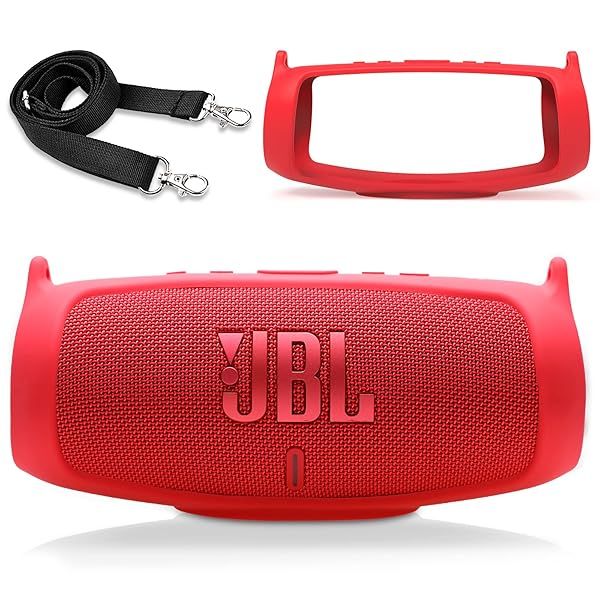 LTGEM Silicone Case Cover for JBL Charge 5 Speaker Waterproof Soft Skin Travel Pouch with Shoulder Strap Red