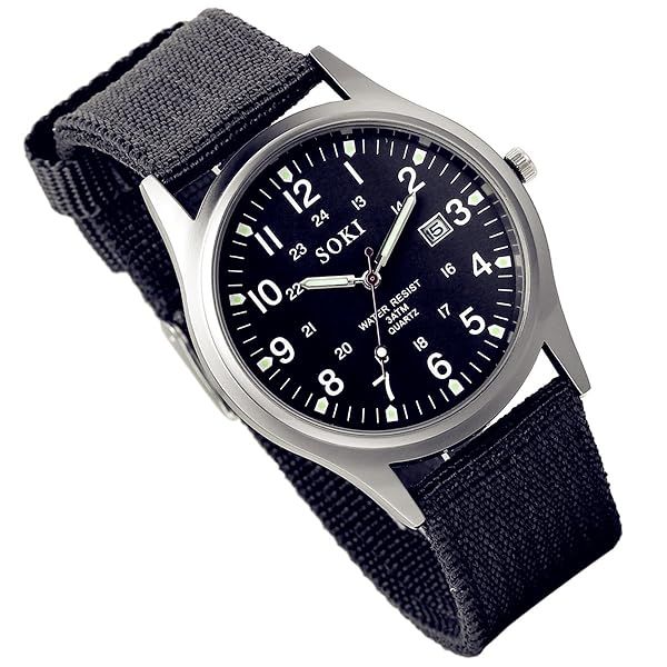 Lancardo Simplicity Analog Quartz Watch Black Nylon Band Luminous Military Time 24H for Men