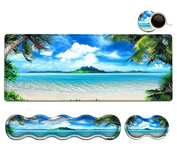 Large Mouse Pad and Ergonomic Wrist Rest Set with Coconut Trees Beach Design for Home Office and Gaming