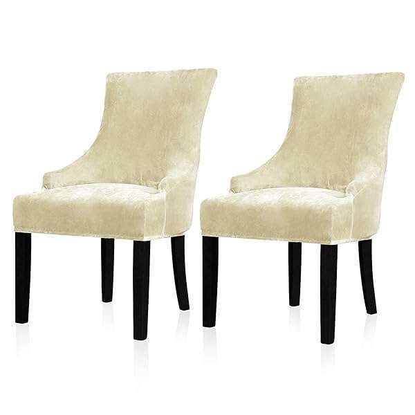 Reusable Velvet Wingback Chair Covers - Set of 2 Cream Slipcovers for Dining Room & Home Decor, Machine Washable