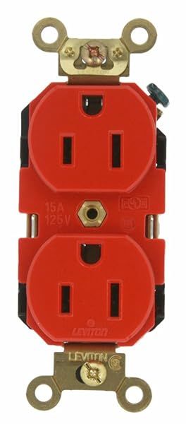 Leviton 5262-R 15A Industrial Duplex Receptacle - Heavy Duty, Self-Grounding, Red, 125V