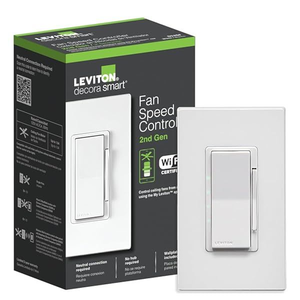 Leviton Decora Smart Fan Speed Controller 2nd Gen - Wi-Fi, Works with Alexa, Google Assistant, Apple Home, 3-Way, D24SF-1RW
