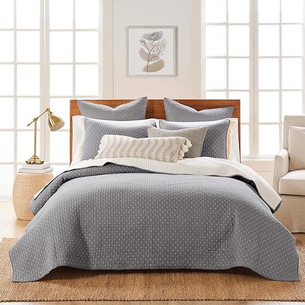 Levtex Home Cross Stitch Grey and White Quilt Set 100 Cotton King Cal King Reversible 106x92in with 2 King Shams 36x20in