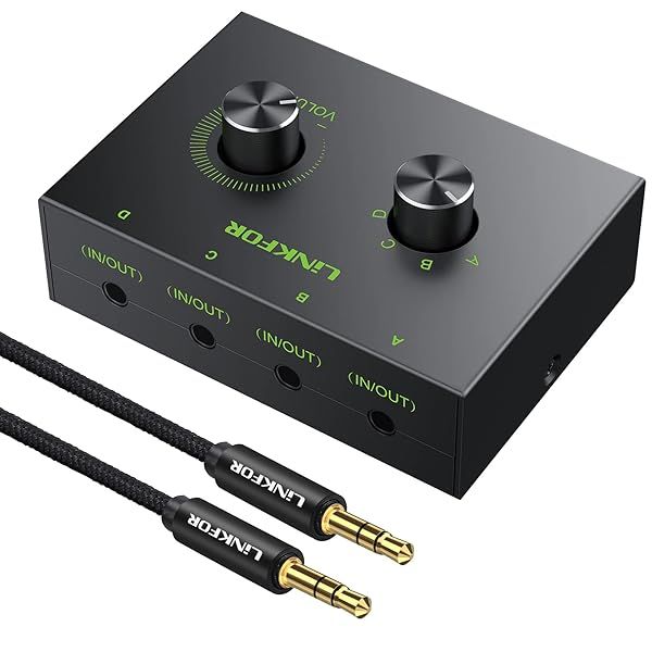 LiNKFOR 4 Port 3.5mm Stereo Audio Switch: 4 Way Selector with Volume Control & Channel Knob for Easy Audio Management