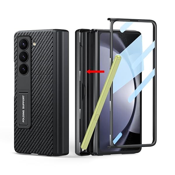 Libeagle Samsung Galaxy Z Fold 5 Case with Hidden S Pen Holder Leather Back Screen Protector Hinge Protection Wireless Charging 5G Carbon Fiber