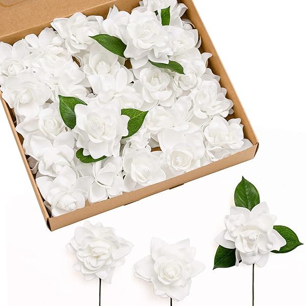 25pcs White Gardenia Fake Flowers for DIY Wedding Decor - Perfect for Centerpieces & Bouquets