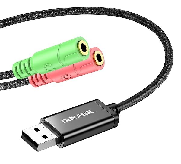 DuKabel Long USB Audio Adapter: Durable 3.5mm Jack TRS AUX with Built-in Sound Card for Headsets & Microphones