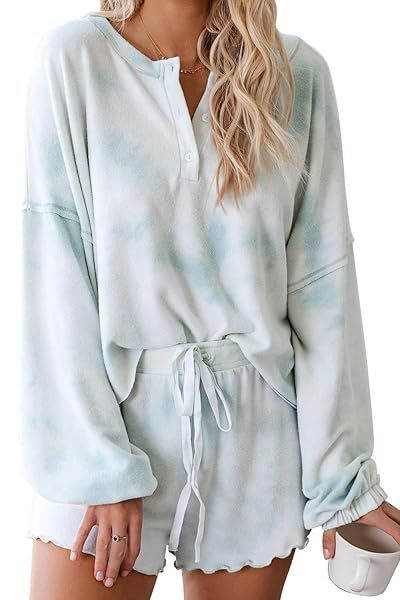 Lopie Womens Lounge Sets 2 Piece Pajamas Long Sleeve Tops Shorts Sleepwear Tie Dye Ruffle Nightwear Sky Blue Size L