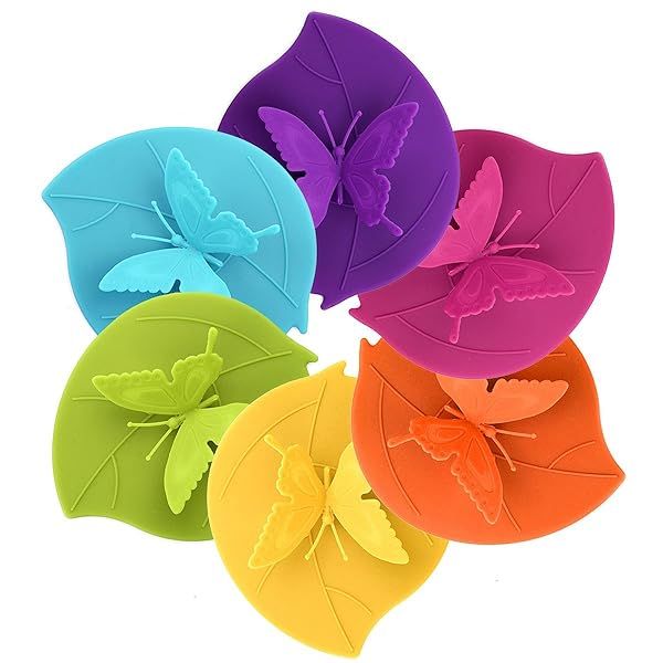 ME.FAN Silicone Cup Lids Set - 6 Colorful Butterfly Covers for Airtight, Anti-Dust Protection