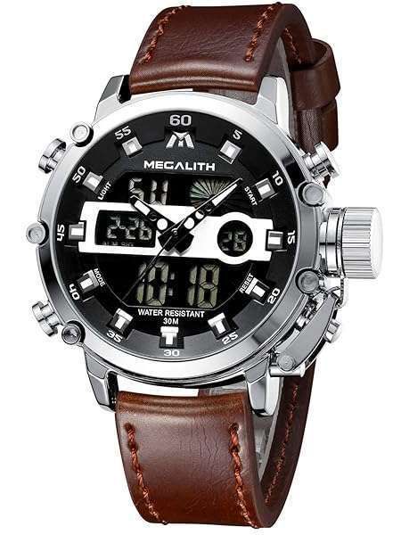 MEGALITH Mens Watches with Leather Waterproof Digital Military Sport Tactical Multifunction Heavy Duty Led Silver Watch for Men, Alarm Stopwatch