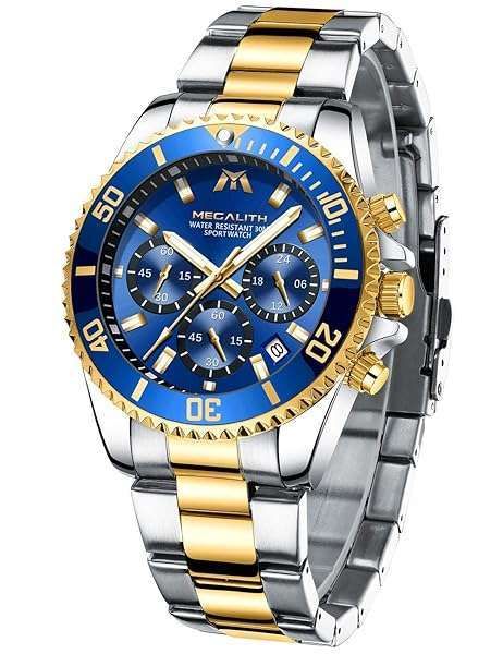MEGALITH Men's Waterproof Stainless Steel Chronograph Watch - Stylish Blue Analog Quartz with Auto Date