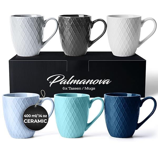 MIAMIO Palmanova Collection: Set of 6 Blue Ceramic Coffee Mugs - 14 Oz, Microwave & Dishwasher Safe