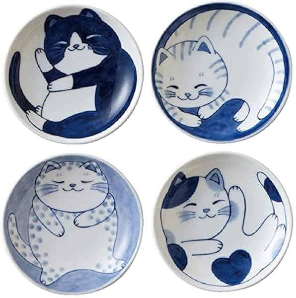 MINO WARE Cute Cat Ceramic Plate Set - 4 Small Dishes for Appetizers, Sushi & Desserts (3.94 x 0.8 Inches)