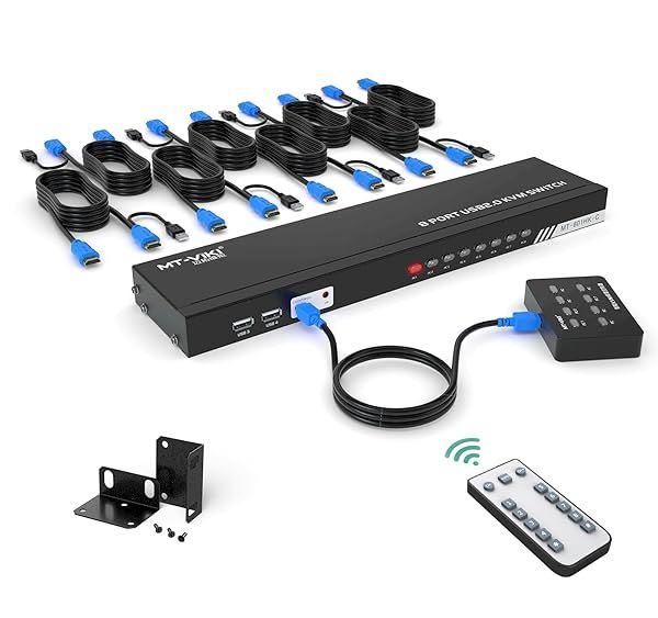 MT-VIKI 8 Port KVM Switch HDMI 4K@30Hz - Rack Mount with IR Remote & 8 Cables for Easy Control
