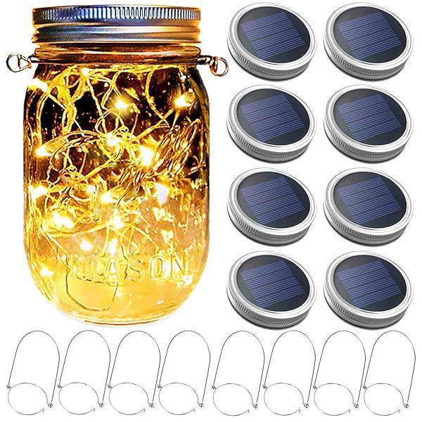 8 Pack Mason Jar Solar Lantern Lights with 30 LED Bulbs & Hangers - Perfect for Garden, Patio & Wedding Decor