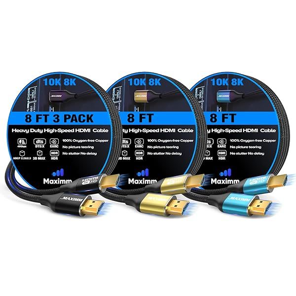 Maximm 8K HDMI Cable 8ft - Ultra High Speed HDMI 2.1 Cord (3 Pack) for 8K 60Hz Performance