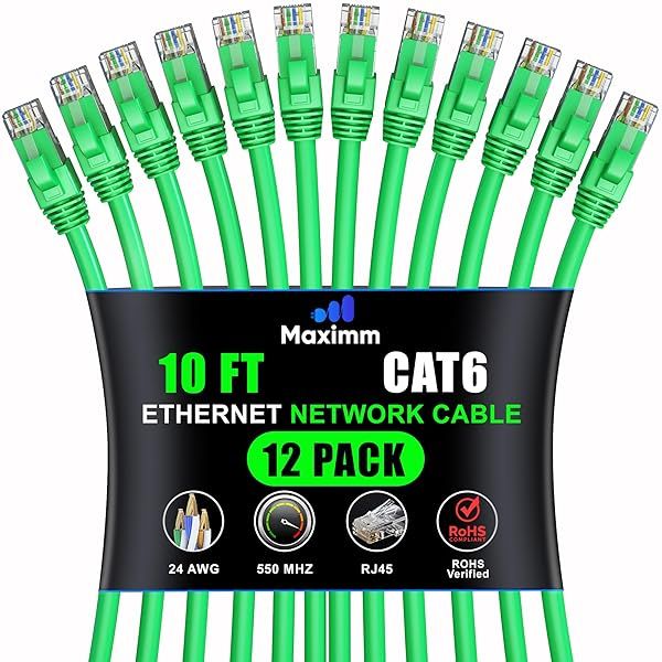 Maximm Cat 6 Ethernet Cable 10ft (12-Pack) - High-Speed 10Gbps LAN & Network Cable - UTP, 550MHz, Green