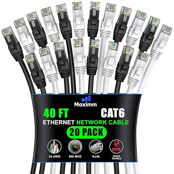 Maximm Cat 6 Ethernet Cable 40 ft (20-Pack) - High-Speed LAN Cable, Internet Cable, Patch Cable, and Network Cable - UTP, 10Gbps, 550MHz Ethernet Cord - Black & White
