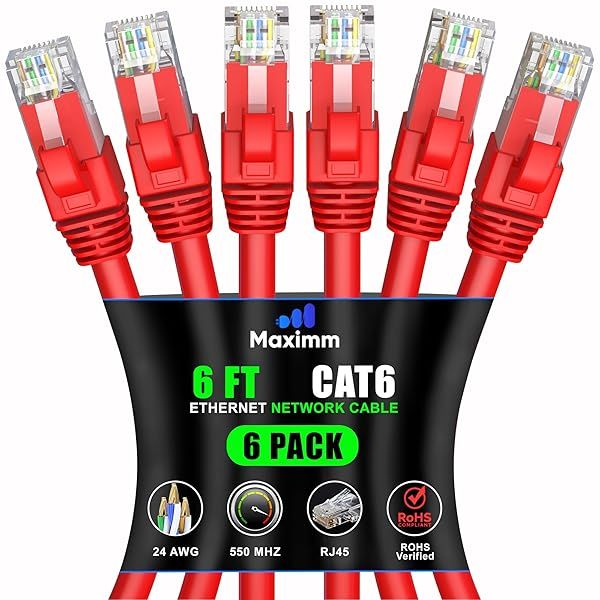 Maximm Cat 6 Ethernet Cable 6 ft (6-Pack) - High-Speed 10Gbps LAN & Network Cables - Red UTP Patch Cord for Fast Internet