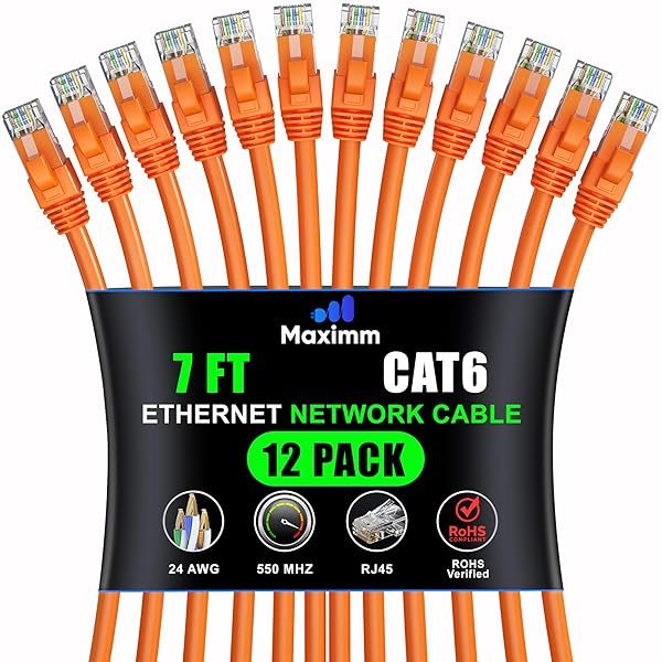 Maximm Cat 6 Ethernet Cable 7ft (12-Pack) - High-Speed 10Gbps LAN & Network Cable - UTP, 550MHz, Orange