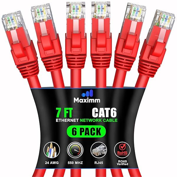 Maximm Cat 6 Ethernet Cable 7ft (6-Pack) - High-Speed 10Gbps LAN & Network Cables - Red UTP Patch Cord