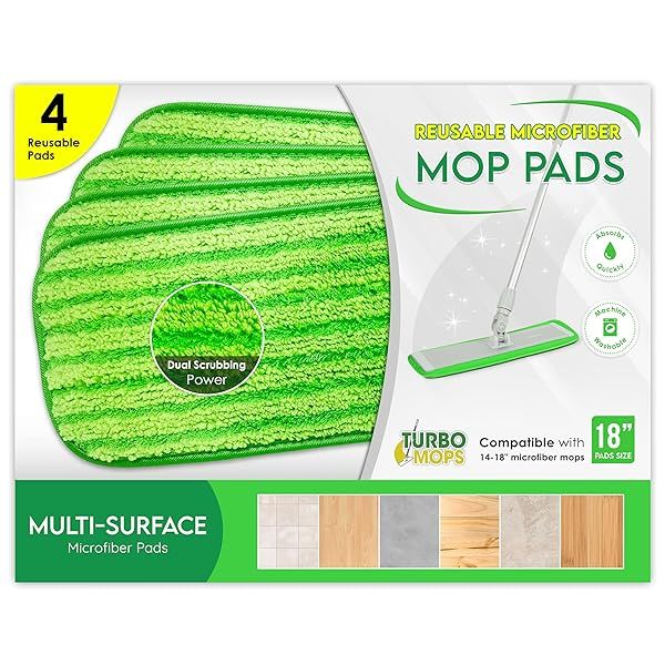 "Microfiber Mop Pads 4 Pack - Reusable 18" Cloth Mop Head Replacements for Bona, Rubbermaid & More"
