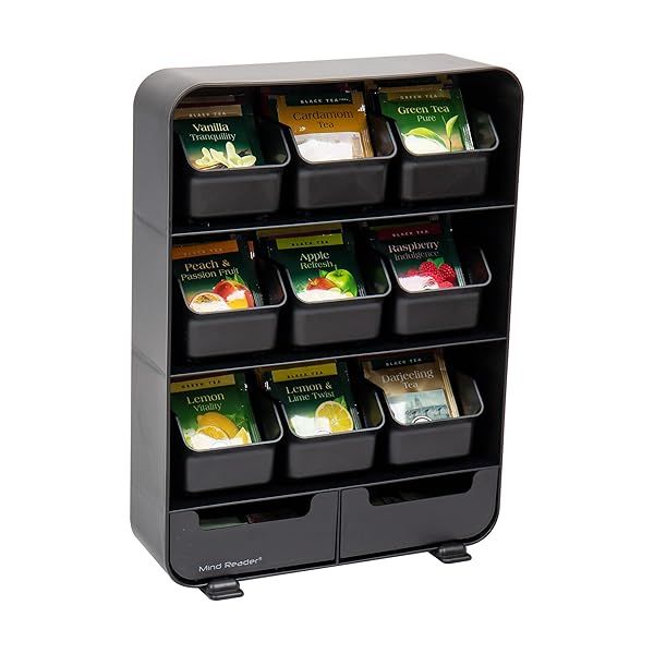 "Mind Reader Tea Bag Organizer - Stylish Kitchen Countertop Storage, Black Plastic, 10.25"L x 3.25"W x 13.75"H"