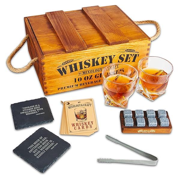 Premium Mixology Whiskey Gift Set: Rustic Crate, 8 Granite Chilling Stones & 10oz Glasses - Perfect Gift for Men & Dads