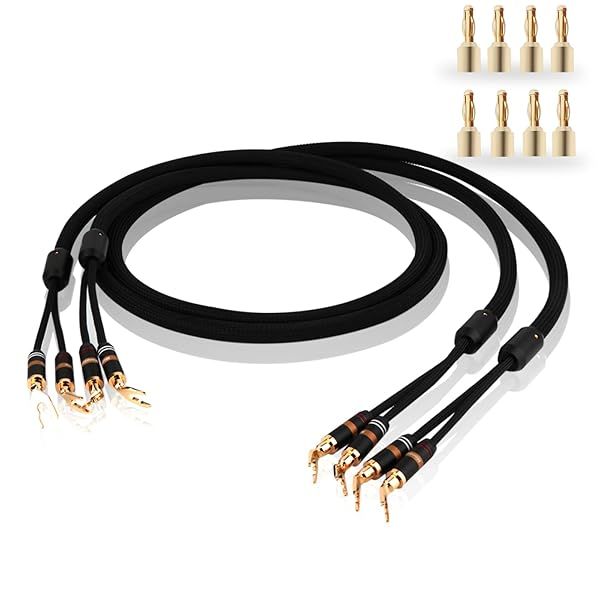 Monosaudio 12 Gauge Speaker Cable Pair Speaker Wire with Banana Plugs/Y Spade Connectors Convertible Gold Plated OFC Copper for Amplifier/Speakers/AV Receiver/Home Stereo Sound Systems(2.5M/8.2Ft)