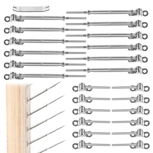 Muzata 12 Pairs Cable Railing Kit - T316 Stainless Steel Turnbuckle for Wood Posts & Adjustable Stairs