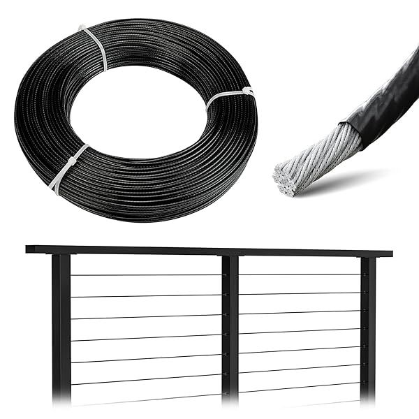 Muzata 150 ft Black Vinyl Coated Wire Rope 1/8 inch Overmolded to 3/16 inch for Cable Railing System Indoor Outdoor WR17