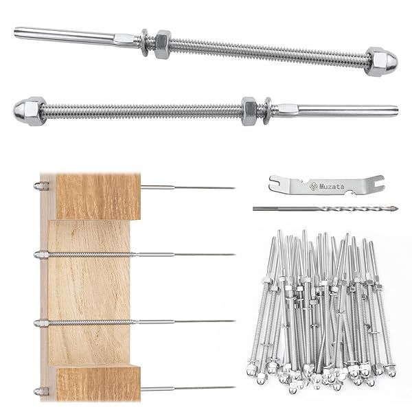 Muzata 30 Pack Cable Railing Hardware Kit Hand Swage Threaded Stud Tensioner for Wood Metal Post T316 Stainless Steel Deck System