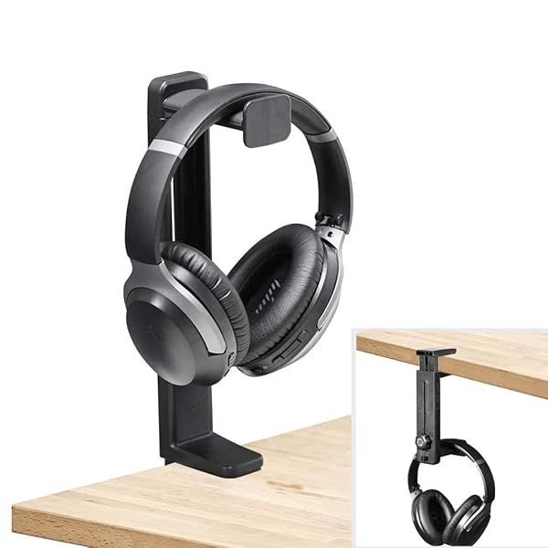 NEETTO HS906 Headphone Stand & Hanger 2 in 1, Above & Under Desk Gaming Headset Holder Mount Hook with Height Adjustable & Rotating Clamp, Earphone Rack with Cable Clip