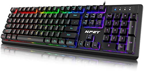 NPET K10 Wired Gaming Keyboard: LED Backlit, Spill-Resistant, Quiet USB Membrane for PC & Desktop