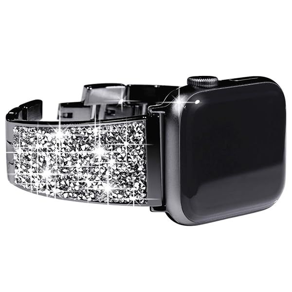 NewWays Bling Crystal Apple Watch Band for Series 8, 7, SE, 6, 5, 4, 3 - Stylish 41mm & 40mm Bracelet for Women (Black)