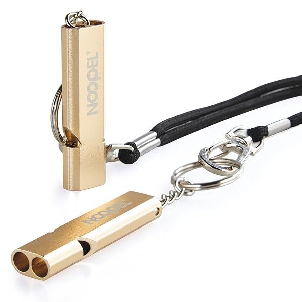 Noopel Emergency Survival Whistle Double Tubes Safety Whistle 2 Pack with Keychain for Outdoor Activities and Dog Training Gold