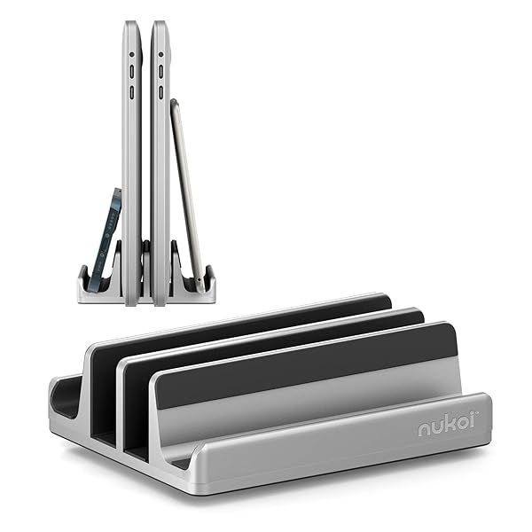 Nukoi Vertical Laptop Stand - SPACEMax Adjustable GRIPLock Anti-Tip Silicone 4 Slots Aluminum Desktop Holder - Double Dock Stand - 2 Phone Slots Fits Up to 17.3” Laptops, Tablets, Phones - Silver