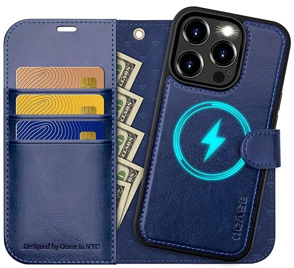 OCASE iPhone 15 Pro Detachable Wallet Case Card Holder 2 in 1 PU Leather Flip Folio RFID Blocking Magnetic Stand Removable Shockproof Blue