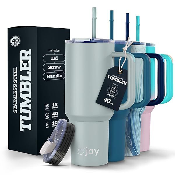 OJAY Insulated 40oz Tumbler with Handle and Straw Lid Leak Proof Travel Mug Stainless Steel Cupholder Friendly Gift for Men Women