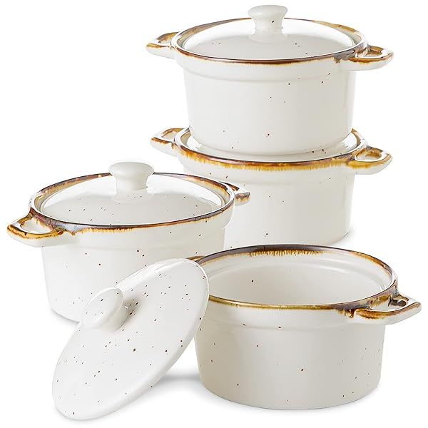 ONEMORE Ramekins with Lids 12 oz Ceramic Casserole Dish Set of 4 Rustic Mini Dutch Ovens for Baking Soup Individual Serving Creamy White