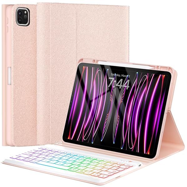 OYEEICE iPad Pro 12.9 Case with Keyboard Wireless Detachable Backlit Magnetic Smart Cover for iPad Air 13 inch M2 Pink