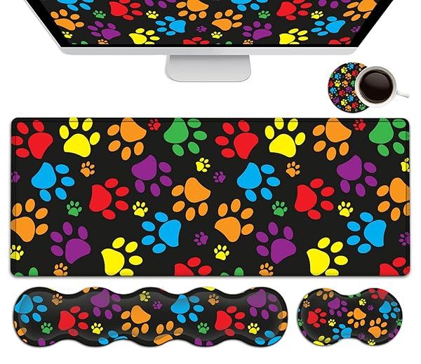 Large Office Desk Pad with Cute Dog Paw Prints Ergonomic Mouse Pad and Wrist Rest for Home and Work