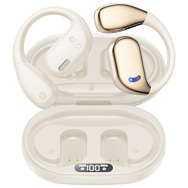 Open Ear Wireless Bluetooth Headphones 60hrs Play 8D Sound Sport Earbuds with LED Display Built-in Mic for Running and Workout Light Yellow